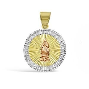 Real 14K Tri Color Gold Virgin Mary Round Pendant Religious Charm 1.1 inch
